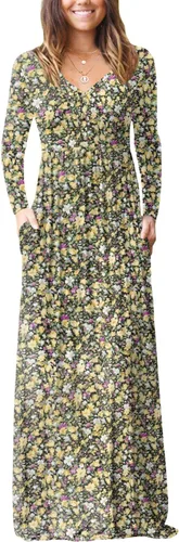 Vista 12 de GRECERELLE Vestido de manga larga con cuello en V para mujer, estilo casual, con botones, maxi, 2025, con bolsillos 01 Negro