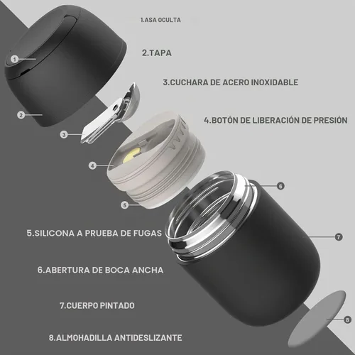 Vista 2 de JOOPETALK Recipientes de almuerzo aislados de 17 onzas, color negro, lonchera térmica de acero inoxidable al vacío con asa y cuchara plegable