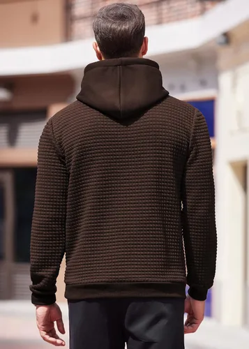 Vista 4 de COOFANDY Sudadera con capucha para hombre, de manga larga, a la moda, para gimnasio, atlética, a cuadros, jacquard, con bolsillo
