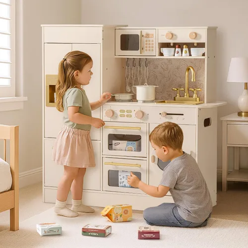 Vista 8 de ROBUD Juego de cocina de madera, juego de cocina para niños, juego de cocina de juguete con 17 accesorios realistas, regalo ideal para niños y niños