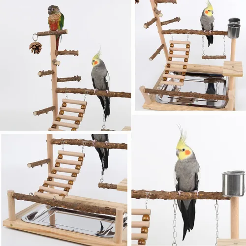 Vista 7 de Zona de juegos para pájaros, soporte de perca de loro, soportes de madera natural para cacatúa, perca de madera de cacatúa, escalera de gimnasio