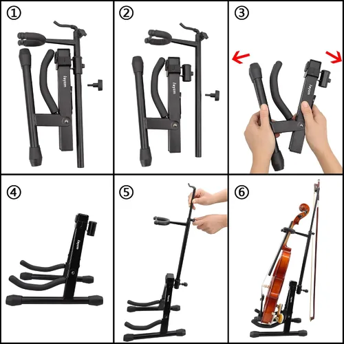 Vista 5 de Rayzm Soporte para violín con soporte para arco, trípode plegable portátil ajustable para violín/ukelele/mandolina, fácil instalación