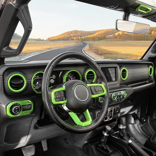 Vista 7 de RT-TCZ Kit de cubierta interior verde para Jeep JL JLU 2018-2023 Anillos de ajuste de ventilación de CA Accesorios interiores verdes 20 piezas