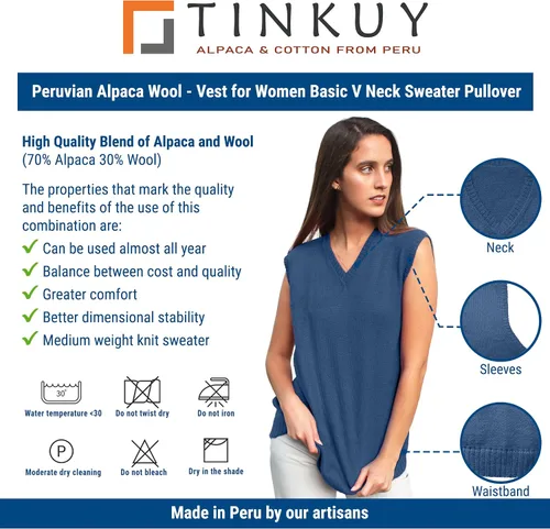 Vista 5 de TINKUY PERU - Chaleco de lana de alpaca con cuello en V para mujer, S-4XL