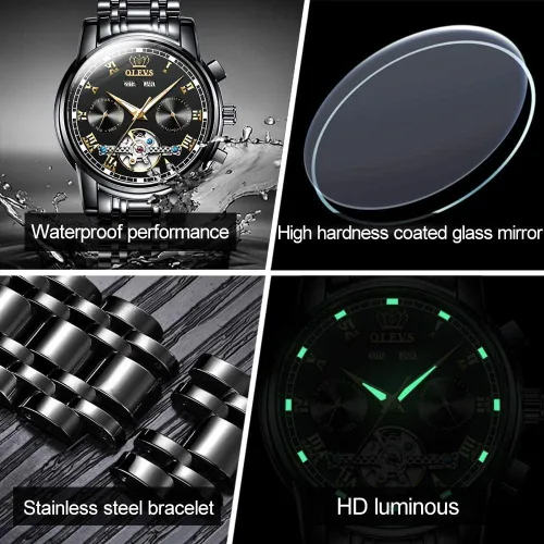 Vista 5 de OLEVS Relojes de cuerda automática para hombre, reloj de pulsera mecánico con diseño de esqueleto Tourbillon, relojes automáticos de acero