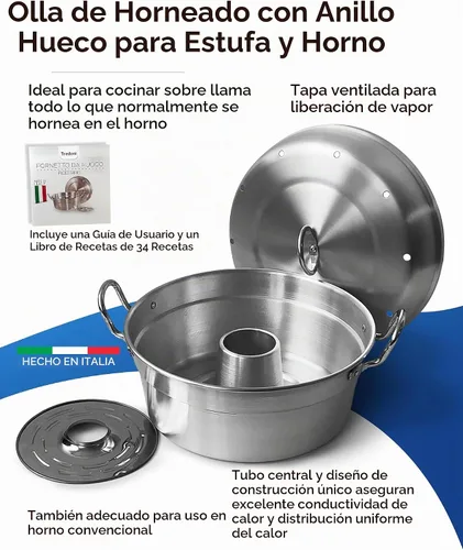Vista 2 de Tredoni - Olla multiusos para estufa y horno, 9.5 pulgadas Estufa de anillo hueco de aluminio y horno, cocina para horno, tostadora, funciona