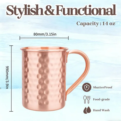 Vista 2 de Juego de 2 tazas de cobre 100% puro, tazas Moscow Mule con asa, taza de cobre para beber en frío, taza con acabado martillado a mano, regalos