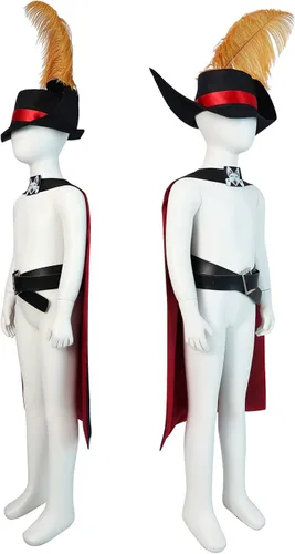 Vista 2 de Yanmao Disfraz de gato con botas para niños, disfraz de gato con gorro, bata para cosplay, traje de Halloween, capa y cinturón