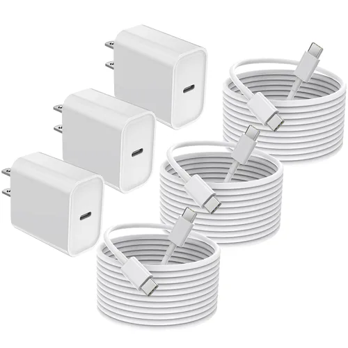 Vista 8 de Cargador rápido para iPhone, cable de carga de teléfono, paquete de 3 cargadores de iPhone de carga rápida de 6 pies, adaptador de carga USB C de 6