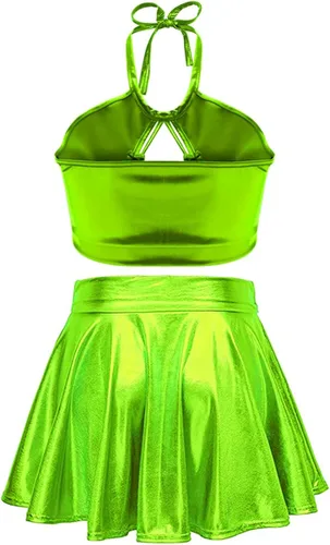 Vista 2 de SFBBCLOZ Conjunto de 2 piezas para mujer, con aspecto mojado, parte superior corta metálica brillante, minifalda para fiesta, club, festival, rave