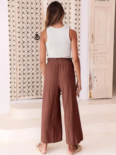 Vista 4 de ANRABESS Pantalones de lino para mujer, estilo casual, holgados, cintura alta, cordón de pierna ancha, pantalones capri palazzo con bolsillos
