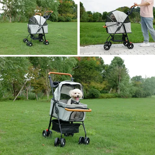 Vista 6 de Carriola de mascotas con canasta de almacenamiento y portavasos, cochecito plegable para perros, carriola plegable para gatos, carrito 3 en 1