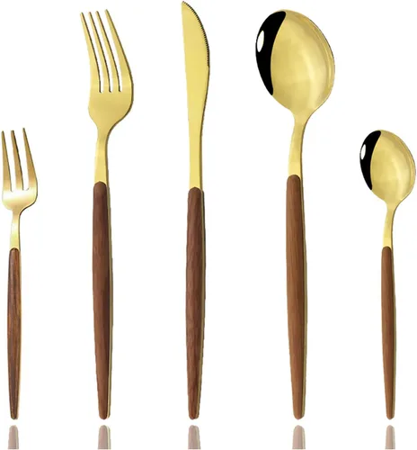 Vista 7 de JASHII Juego de cubiertos de madera de acero inoxidable de 20 piezas, mango de madera, cuchillo tenedor, cuchara, utensilios de cocina para 4