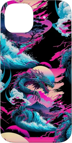 Vista 15 de Dragon Vaporwave Abstract Landscape Moon Tree Waterfall Case for iPhone 17