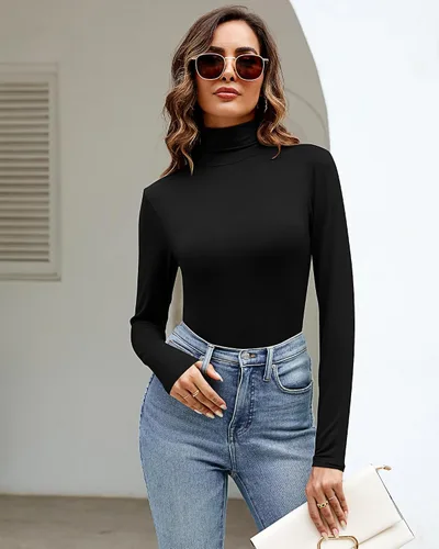 Vista 4 de Ficerd Paquete de 2 camisas de cuello alto para mujer, manga larga, cuello alto, ajustadas, suaves, elásticas, térmicas, básicas, sin botones