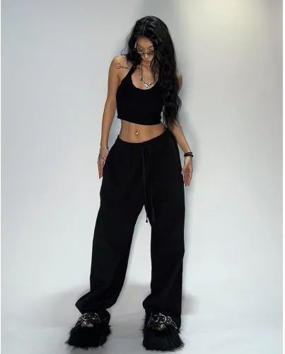 Vista 3 de Pantalones deportivos de pierna ancha para mujer, pantalones holgados Y2k de pierna recta con bolsillos, pantalones Y2K de tiro bajo