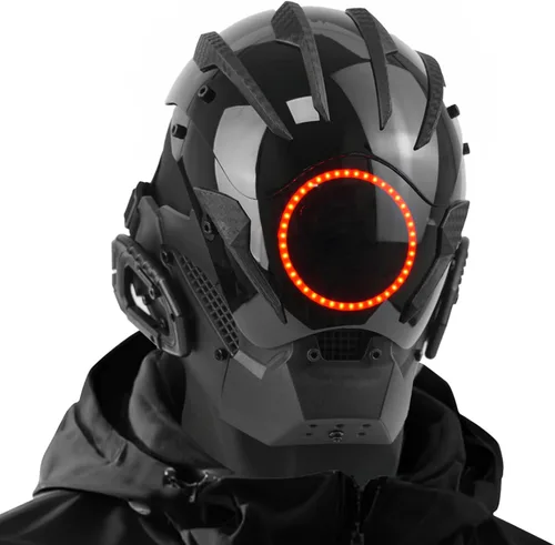 Vista 9 de Máscara punk cosplay para hombres, casco gótico samurái con luz LED para Halloween, fiesta, festival