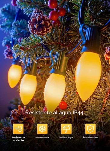 Vista 5 de Brightown C9 luces LED de Navidad para exterior, 30.5 m 100 luces blancas cálidas enlazables C9 para árbol de Navidad, terraza, tejado, jardín