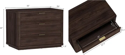 Vista 3 de Manhattan Comfort Evelyn - Mesita de noche con 3 cajones, mesa de noche minimalista de grano de madera con esquinas redondeadas y base elevada, mesa