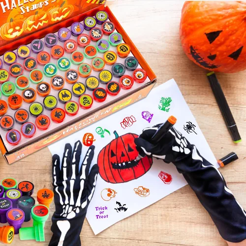 Vista 4 de 120 sellos de Halloween para niños a granel, juguetes autoentintados para fiesta de truco o trato, varios sellos de calabaza, fantasma, araña