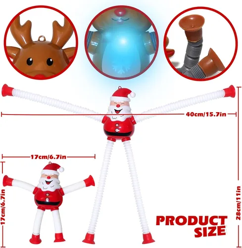 Vista 8 de Tubos Pop de Navidad con LED que se Iluminan 4 Piezas Juguetes Sensoriales Fidget, Juguetes de Santa con Ventosa Telescópica Autismo Regalos