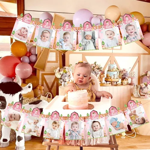 Vista 5 de Cartel de fotos de 1er cumpleaños de animales de granja, rosa para niñas, temática de granja, recién nacido a 12 meses, cartel fotográfico para bebé