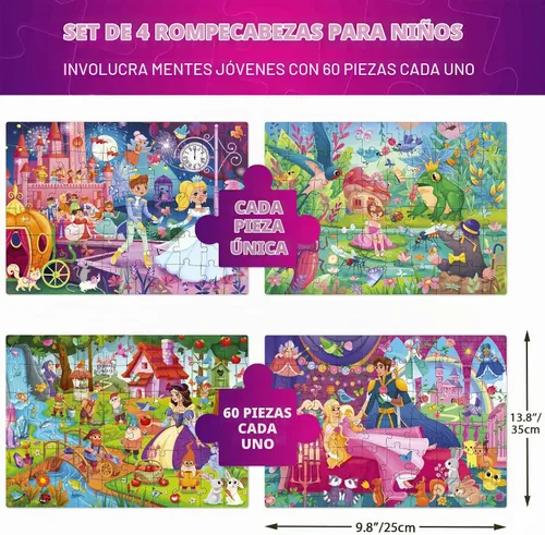 Vista 3 de QUOKKA Rompecabezas para niños de 4 a 6 años – Pack de 4 rompecabezas de 60 piezas para niños – Juego de rompecabezas de cuentos de hadas