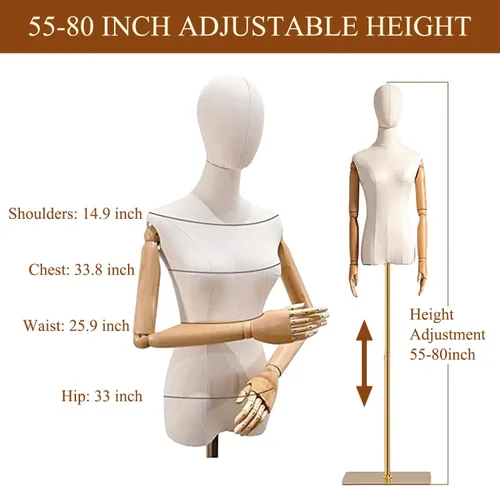 Vista 2 de Maniquí de forma de vestido femenino, torso de mujer para coser, cuerpo de maniquí de exhibición de ropa con soporte de altura ajustable dorado