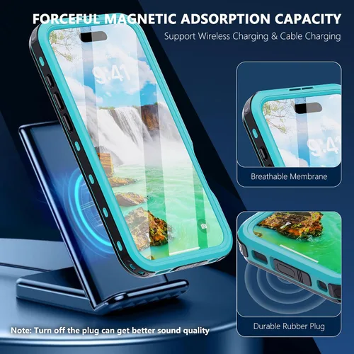 Vista 6 de Funda resistente a prueba de agua para iPhone 16 Plus de 6.7", protector incorporado, negro-verde azulado IP68 6.6FT waterproof, shockproof