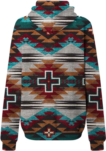 Vista 3 de Ceboyel Women Western Aztec Hoodies Drawstring Sweatshirt Pullover Ethnic Vintage Graphic Shirts Tops Causal Fall Clothes