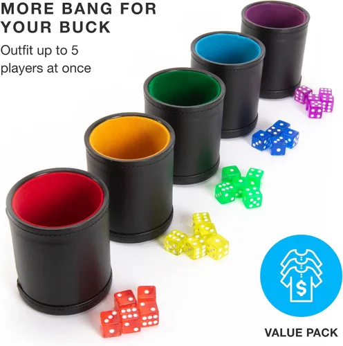 Vista 2 de Brybelly Juego de dados con taza de dados – Perfecto para juegos de dados de casino para la familia de dados de cuero – Coctelera de dados de póker