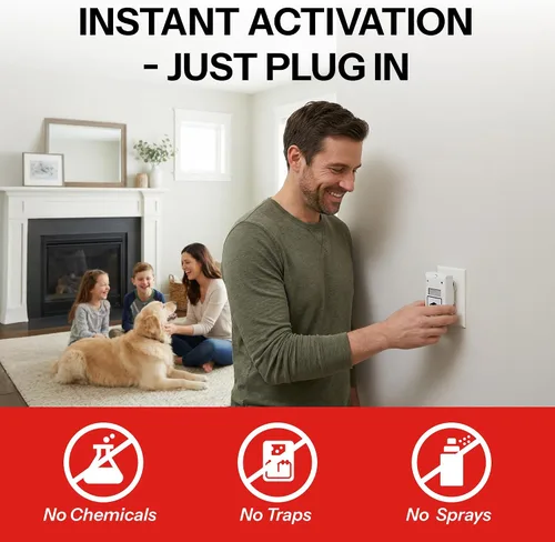Vista 5 de RIDDEX Plus Repelente de Insectos Enchufe, Disuasivo para Ratones - Control de Plagas para la Defensa Contra Ratas, Ratones, Cucarachas, Bichos e