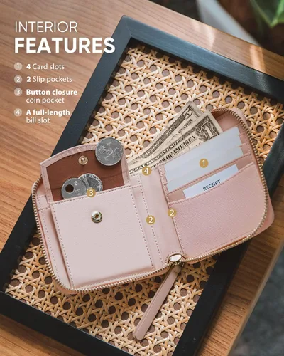 Vista 2 de Cartera de piel para mujer, con bloqueo RFID, plegable, delgada, para tarjetas de crédito, con bolsillo con cremallera, Rosado, Classic