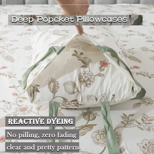 Vista 8 de FADFAY Juego de ropa de cama de 7 piezas, 100% algodón, diseño floral beige, tamaño Queen + funda de edredón, ropa de cama completa con flores rosas