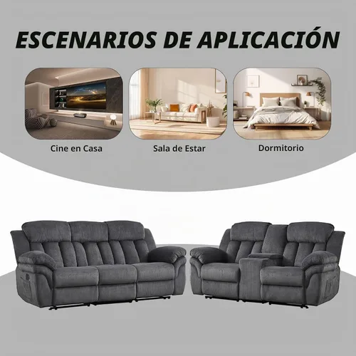 Vista 5 de CANMOV Juego de sofá reclinable, sofá biplaza reclinable manual y sofá de 3 plazas con reposabrazos sobrerelleno para sala de estar, muebles de Gris