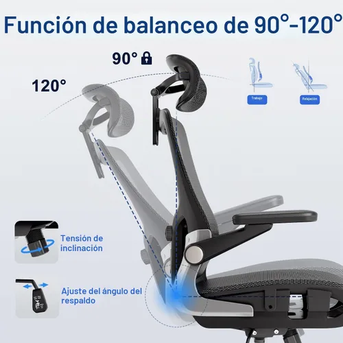 Vista 9 de marrap Silla de oficina ergonómica, silla de escritorio de malla con reposabrazos 3D, soporte lumbar ajustable y reposacabezas, función mecedora