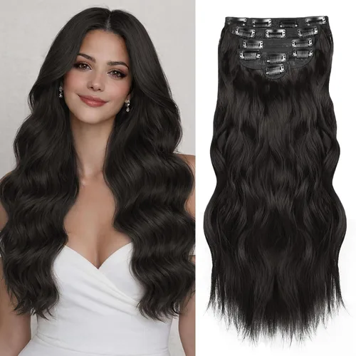 Vista 31 de NAYOO - Extensiones de cabello con clip, extensiones sintéticas onduladas de 20 pulgadas, 6 unidades Wavy Curly Hair, Full Head Coverage, Heat