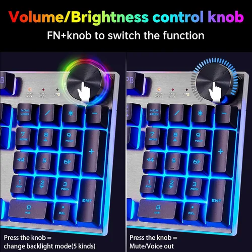 Vista 5 de Teclado y mouse inalámbricos para juegos con perilla y combo de mouse USB dongle 2.4G recargable con batería de 3000mAh, panel de acero inoxidable