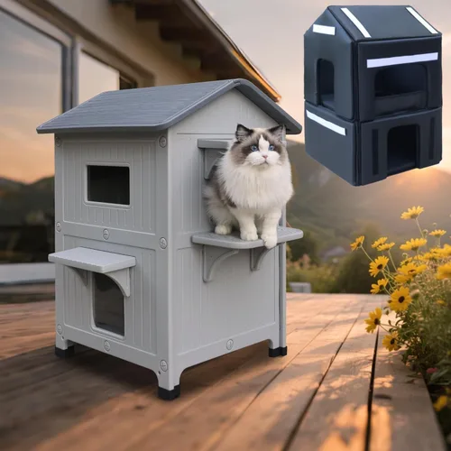 Vista 11 de Casa para gatos al aire libre, casas de 2 pisos al aire libre para gatos salvajes, refugio exterior de plástico, resistente a la intemperie