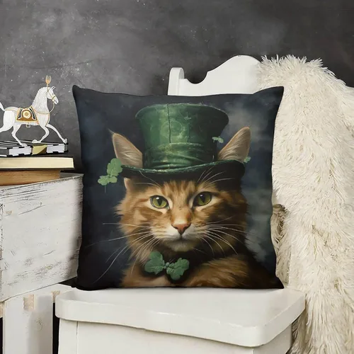 Vista 17 de Fundas de almohada de granja con diseño de feliz día de San Patricio con un gato en un sombrero de trébol, fundas de almohada de terciopelo