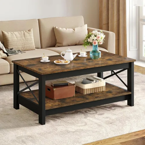 Vista 10 de YITAHOME Mesa de centro para sala de estar, mesa de café moderna de estilo granja con almacenamiento, mesa de centro de 2 niveles, mesa de acento