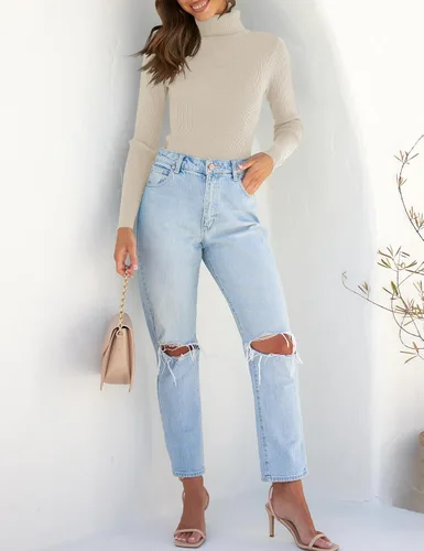 Vista 8 de ZESICA Camisas de manga larga de cuello alto para mujer, camisetas básicas de otoño, suéter de punto acanalado ajustado