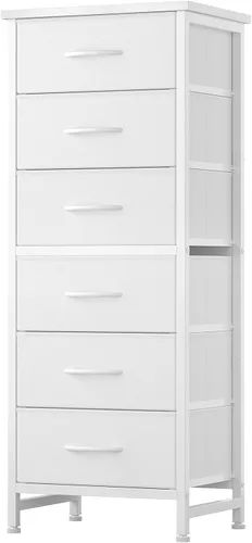 Vista 18 de Sweetcrispy Cómoda alta de tela para dormitorio, cómoda delgada de 6 cajones, torre de almacenamiento estrecha con parte superior de madera y marco