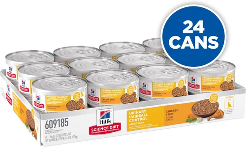 Vista 3 de Hill's Science Diet Urinary Hairball Control - Alimento húmedo para gatos adultos de 1 a 6 años, estofado de pollo y verduras, latas de 2.9 onzas