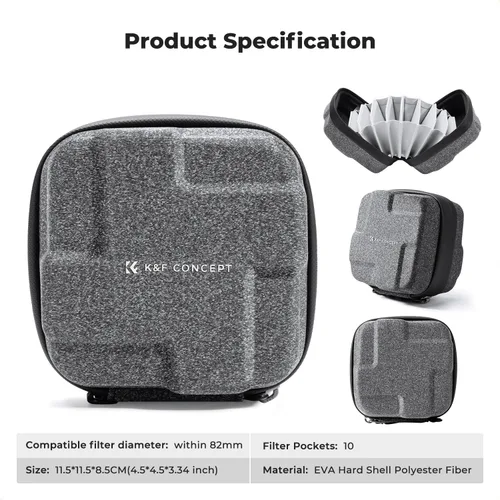 Vista 7 de K&F CONCEPT Estuche para Filtros de Lente 10 en 1, Funda de Filtro de Cámara de Cáscara Dura Hasta 82mm con Correa de Mano, Billetera