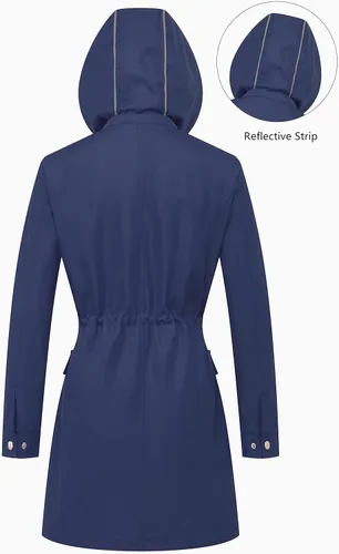 Vista 2 de CREATMO US Gabardina larga cortavientos para mujer, talla grande, resistente al agua, con capucha reflectante extraíble