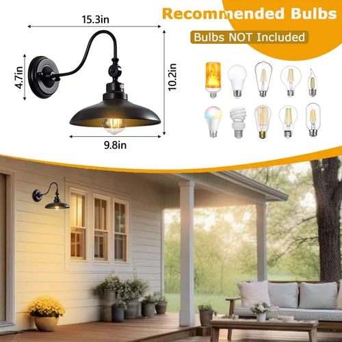 Vista 5 de Luces de pared para exteriores, color negro mate, cuello de cisne, luz de granero de 9.8 pulgadas, ángulo ajustable, impermeable, lámparas de pared