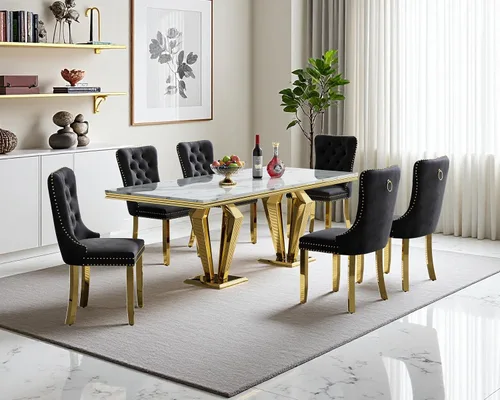 Vista 94 de Juego de mesa de comedor de mármol sintético, 7 piezas, juego de mesa de cocina y comedor para 6, mesa de comedor rectangular blanca de 70 pulgadas