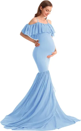Vista 17 de MYRISAM Vestido de maternidad con volantes y hombros descubiertos para mujer, vestido de fiesta de sirena de gasa, vestido ajustado