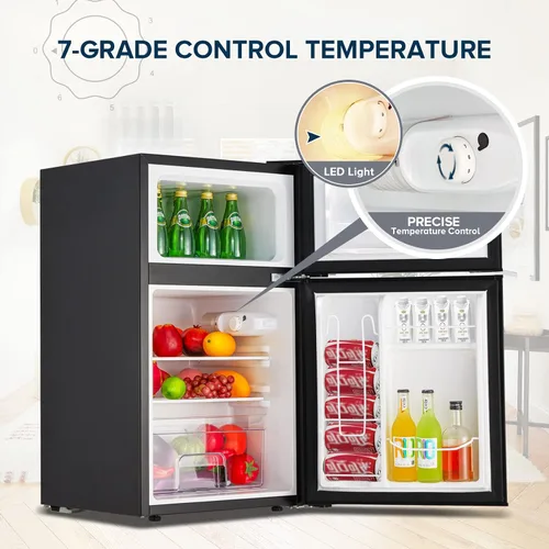 Vista 3 de Mini refrigerador de doble puerta con congelador de 3.2 pies cúbicos, mini refrigerador compacto con termostato ajustable y puerta reversible